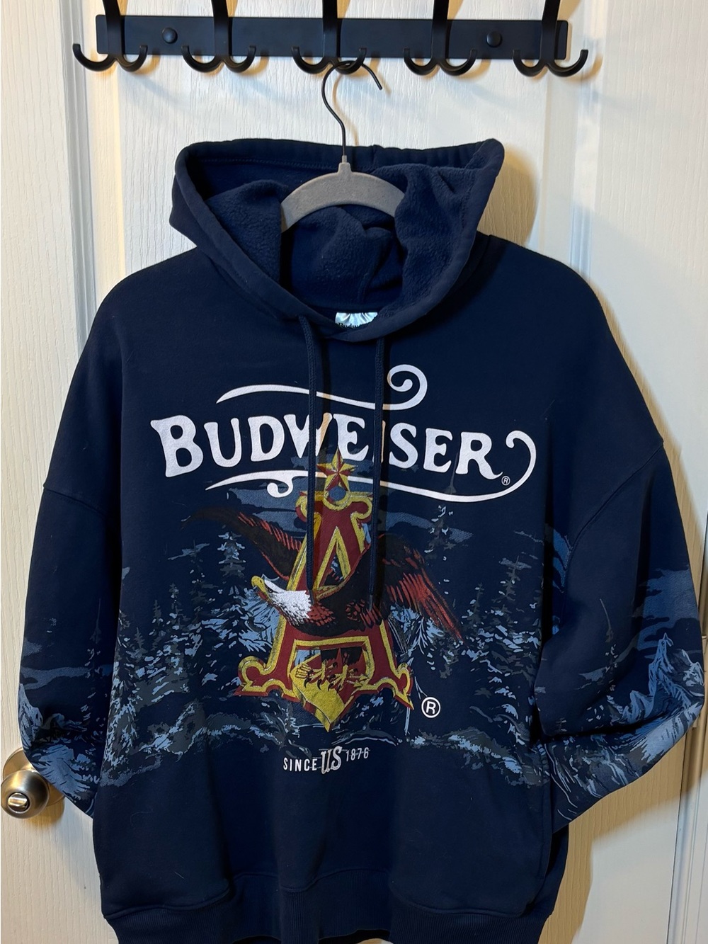 Budweiser Winter Forest Eagle Hoodie Medium Oversized Navy Blue Fleece